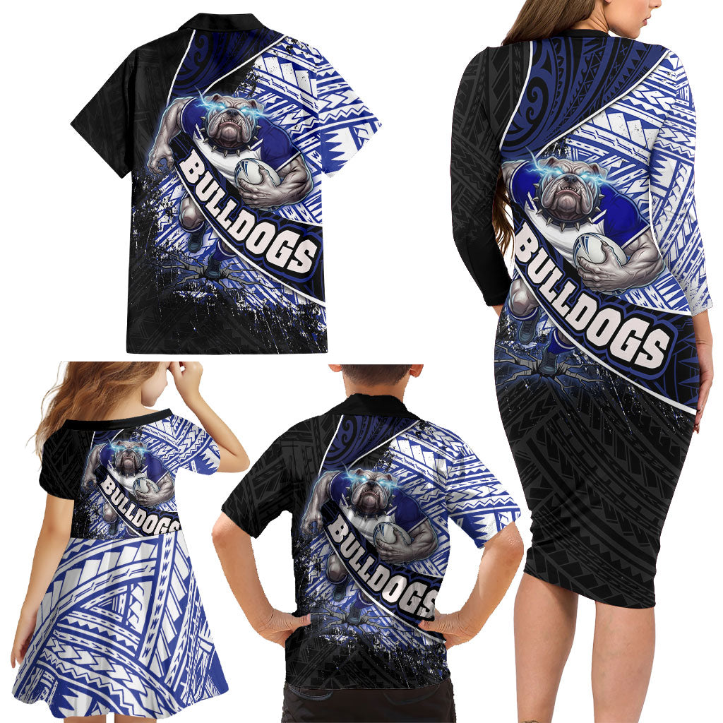 Bulldogs Rugby Family Matching Long Sleeve Bodycon Dress and Hawaiian Shirt Tribal Polynesian Power Art - Lightning Mascot