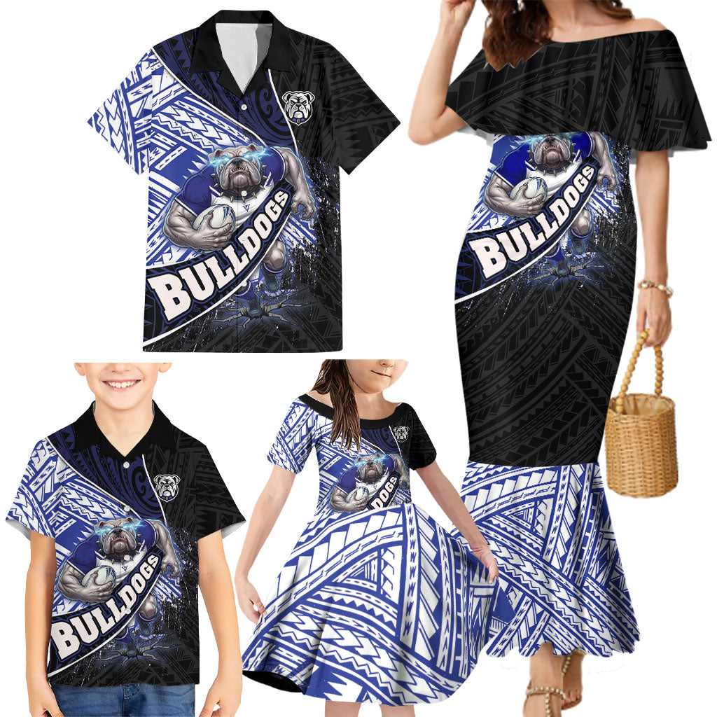 Bulldogs Rugby Family Matching Mermaid Dress and Hawaiian Shirt Tribal Polynesian Power Art - Lightning Mascot