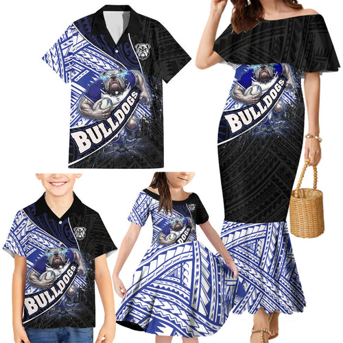 Bulldogs Rugby Family Matching Mermaid Dress and Hawaiian Shirt Tribal Polynesian Power Art - Lightning Mascot