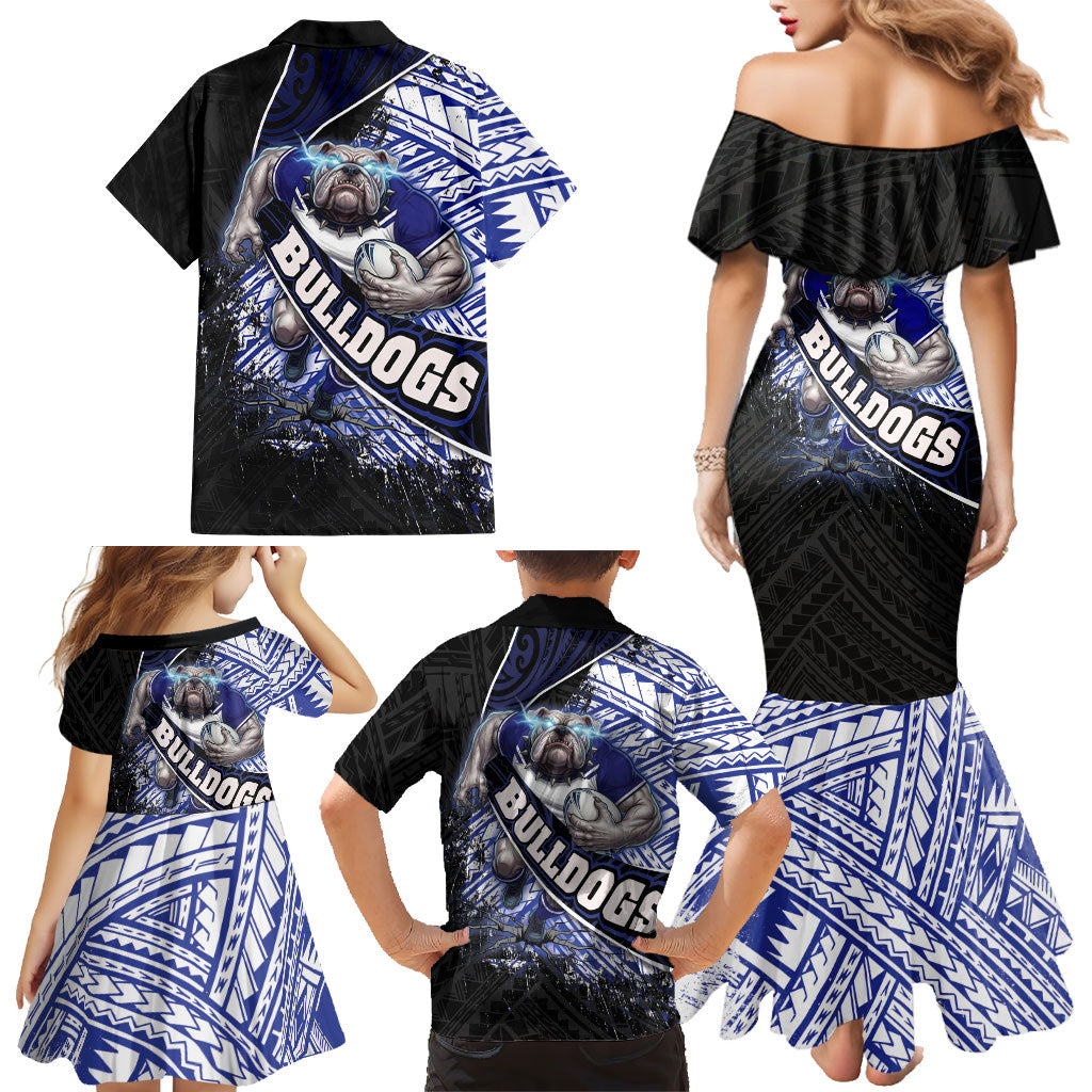 Bulldogs Rugby Family Matching Mermaid Dress and Hawaiian Shirt Tribal Polynesian Power Art - Lightning Mascot