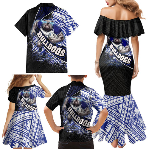 Bulldogs Rugby Family Matching Mermaid Dress and Hawaiian Shirt Tribal Polynesian Power Art - Lightning Mascot