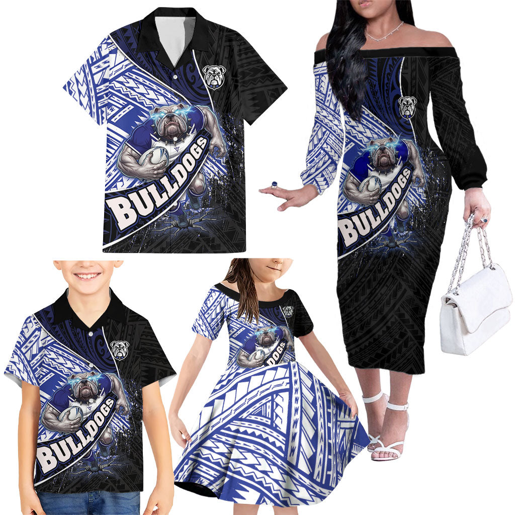 Bulldogs Rugby Family Matching Off The Shoulder Long Sleeve Dress and Hawaiian Shirt Tribal Polynesian Power Art - Lightning Mascot