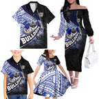 Bulldogs Rugby Family Matching Off The Shoulder Long Sleeve Dress and Hawaiian Shirt Tribal Polynesian Power Art - Lightning Mascot