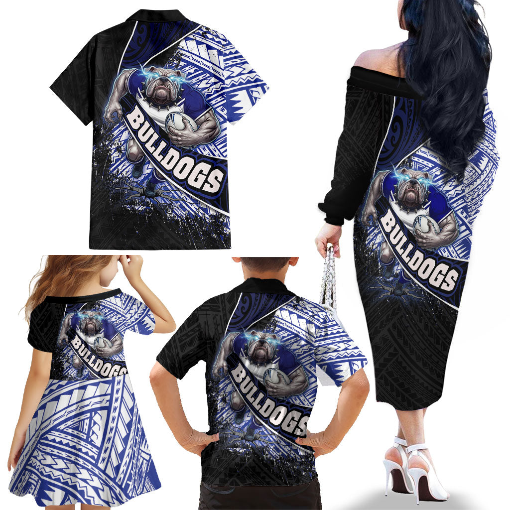 Bulldogs Rugby Family Matching Off The Shoulder Long Sleeve Dress and Hawaiian Shirt Tribal Polynesian Power Art - Lightning Mascot