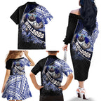 Bulldogs Rugby Family Matching Off The Shoulder Long Sleeve Dress and Hawaiian Shirt Tribal Polynesian Power Art - Lightning Mascot