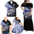 Bulldogs Rugby Family Matching Off Shoulder Maxi Dress and Hawaiian Shirt Tribal Polynesian Power Art - Lightning Mascot