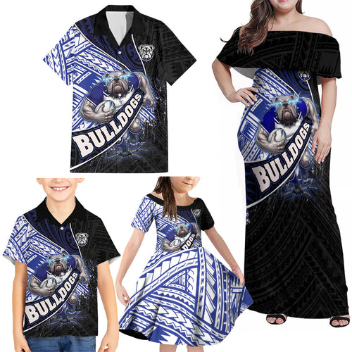 Bulldogs Rugby Family Matching Off Shoulder Maxi Dress and Hawaiian Shirt Tribal Polynesian Power Art - Lightning Mascot
