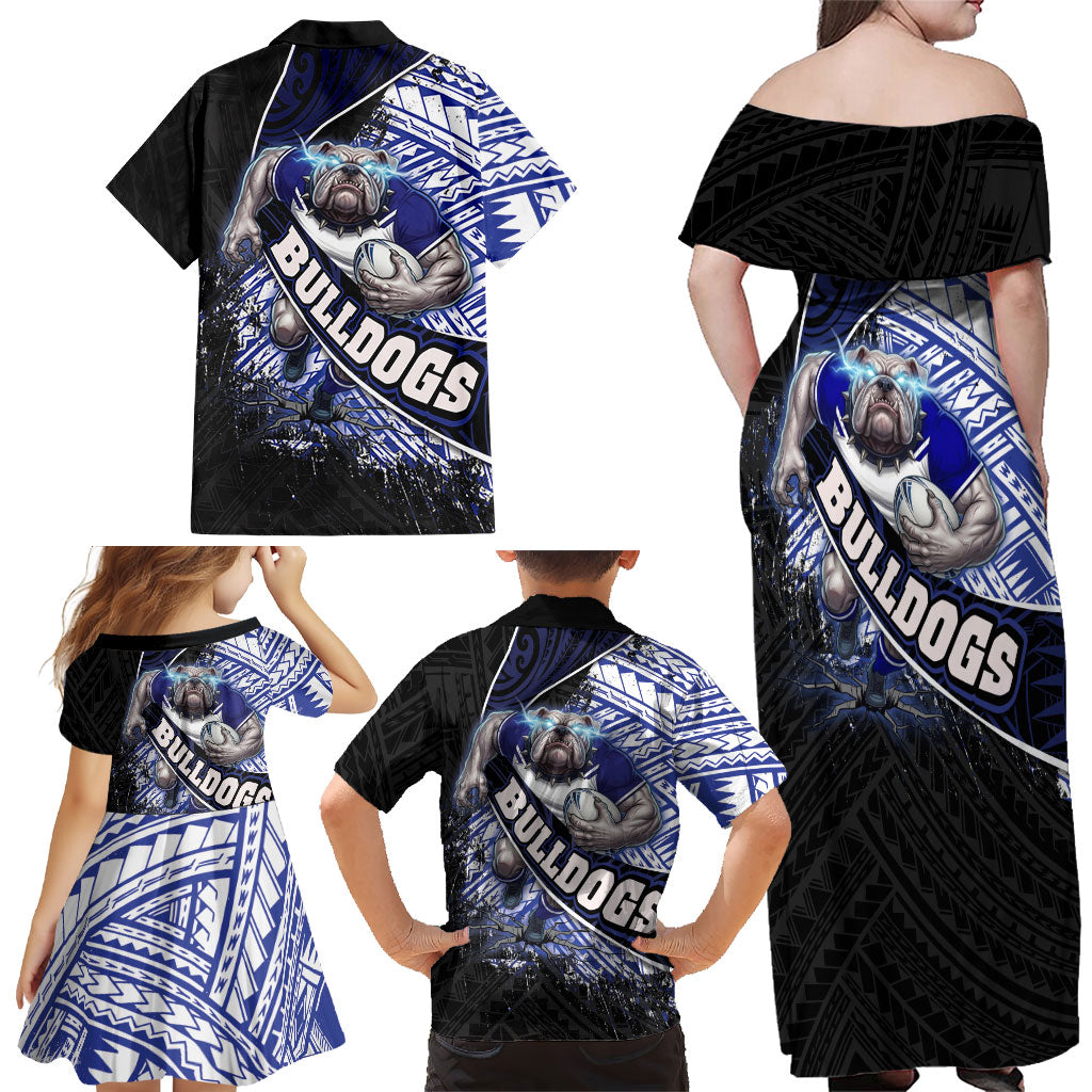 Bulldogs Rugby Family Matching Off Shoulder Maxi Dress and Hawaiian Shirt Tribal Polynesian Power Art - Lightning Mascot