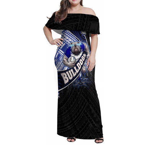 Bulldogs Rugby Family Matching Off Shoulder Maxi Dress and Hawaiian Shirt Tribal Polynesian Power Art - Lightning Mascot