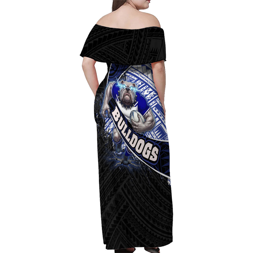Bulldogs Rugby Family Matching Off Shoulder Maxi Dress and Hawaiian Shirt Tribal Polynesian Power Art - Lightning Mascot