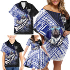 Bulldogs Rugby Family Matching Off Shoulder Short Dress and Hawaiian Shirt Tribal Polynesian Power Art - Lightning Mascot