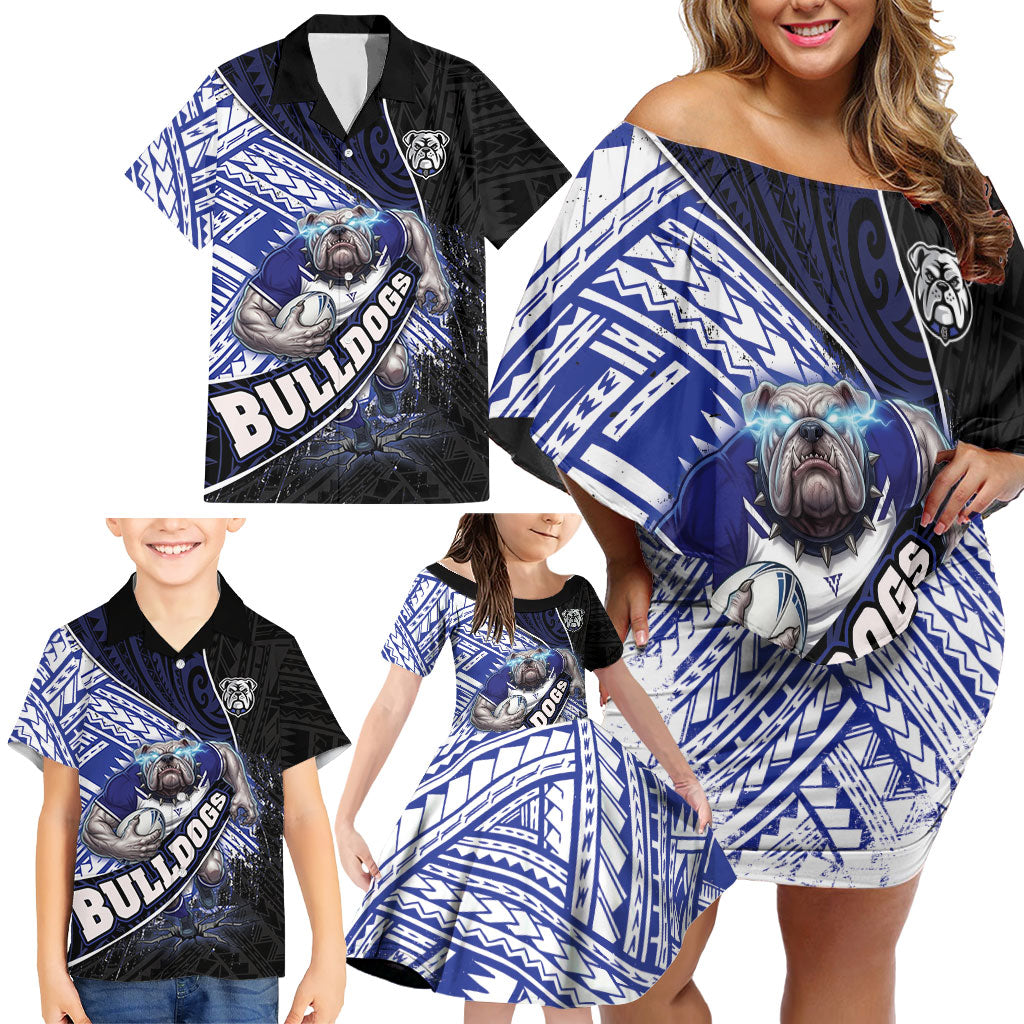 Bulldogs Rugby Family Matching Off Shoulder Short Dress and Hawaiian Shirt Tribal Polynesian Power Art - Lightning Mascot