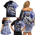 Bulldogs Rugby Family Matching Off Shoulder Short Dress and Hawaiian Shirt Tribal Polynesian Power Art - Lightning Mascot