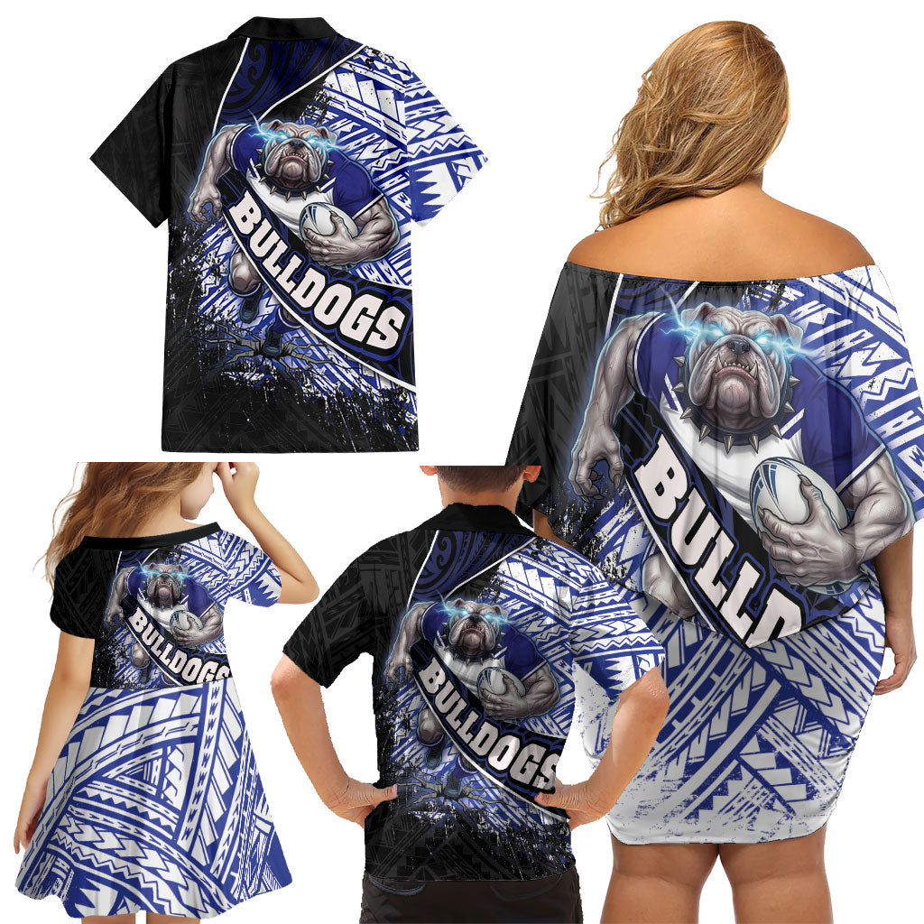 Bulldogs Rugby Family Matching Off Shoulder Short Dress and Hawaiian Shirt Tribal Polynesian Power Art - Lightning Mascot