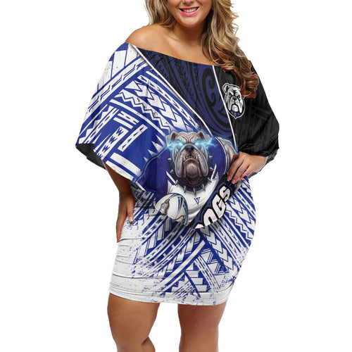 Bulldogs Rugby Family Matching Off Shoulder Short Dress and Hawaiian Shirt Tribal Polynesian Power Art - Lightning Mascot