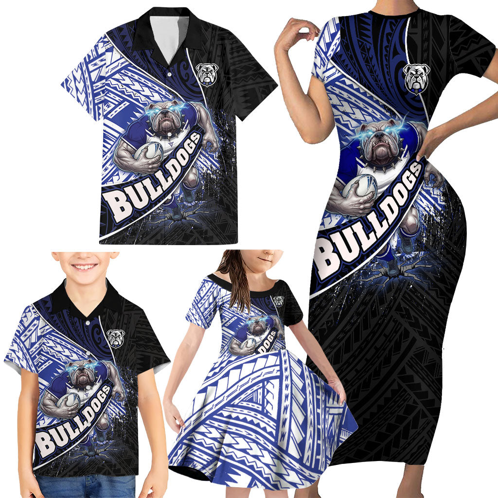 Bulldogs Rugby Family Matching Short Sleeve Bodycon Dress and Hawaiian Shirt Tribal Polynesian Power Art - Lightning Mascot