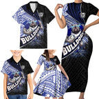 Bulldogs Rugby Family Matching Short Sleeve Bodycon Dress and Hawaiian Shirt Tribal Polynesian Power Art - Lightning Mascot
