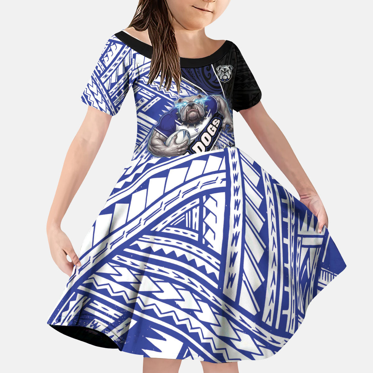 Bulldogs Rugby Kid Short Sleeve Dress Tribal Polynesian Power Art - Lightning Mascot