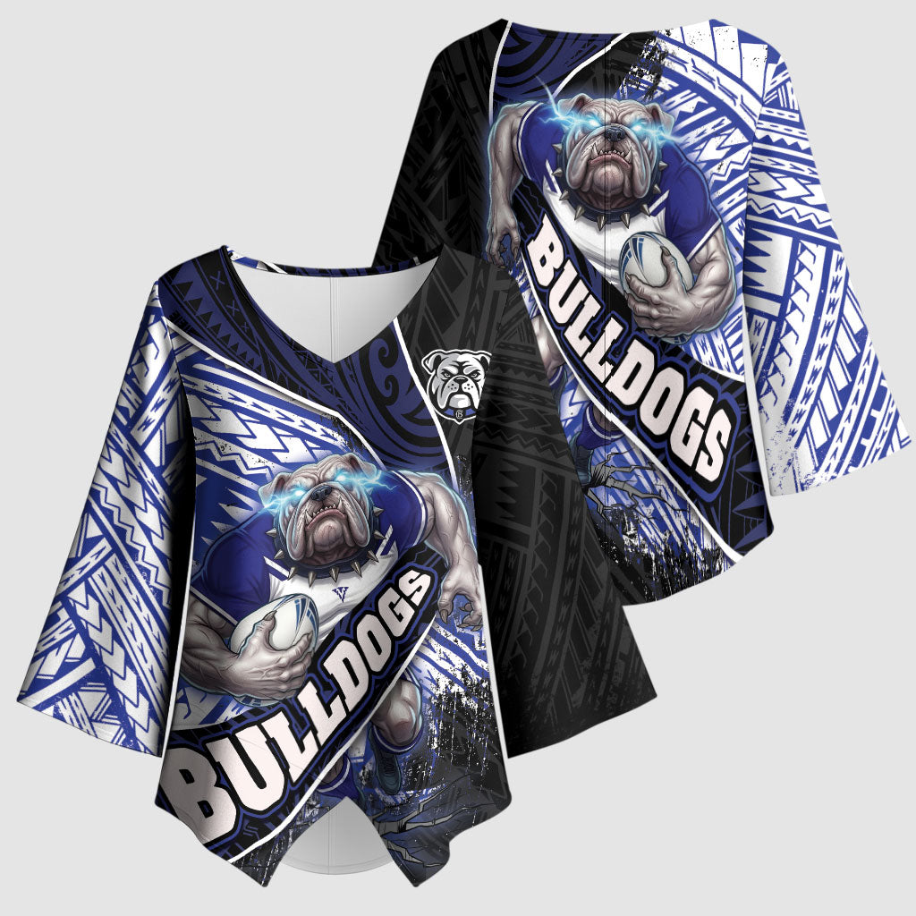 Bulldogs Rugby Kimono Sleeve Blouse Tribal Polynesian Power Art - Lightning Mascot