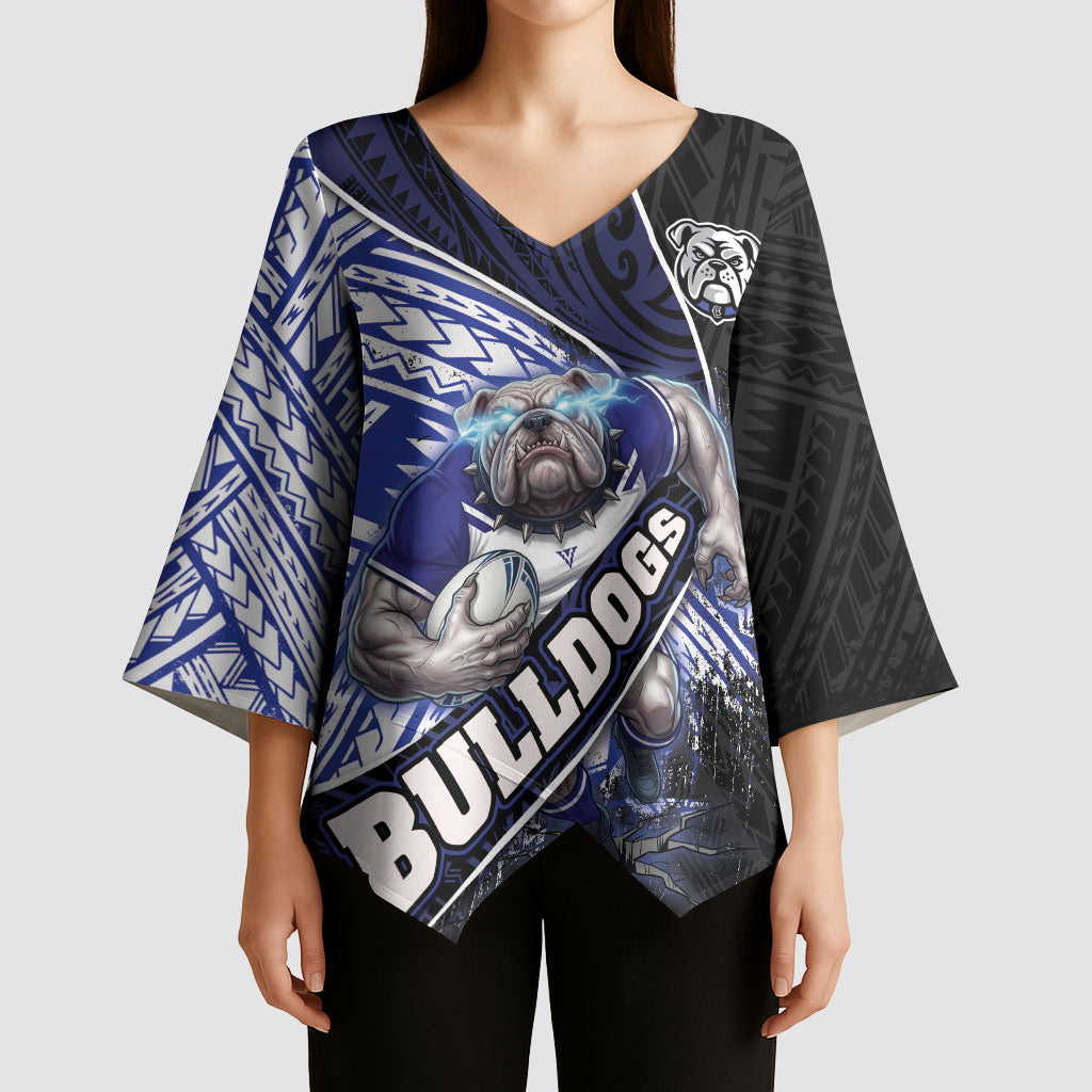 Bulldogs Rugby Kimono Sleeve Blouse Tribal Polynesian Power Art - Lightning Mascot