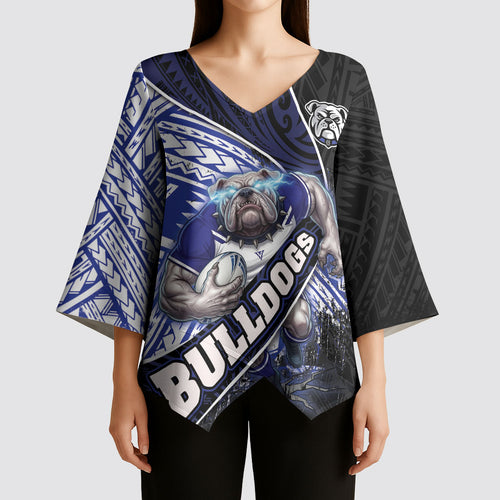 Bulldogs Rugby Kimono Sleeve Blouse Tribal Polynesian Power Art - Lightning Mascot