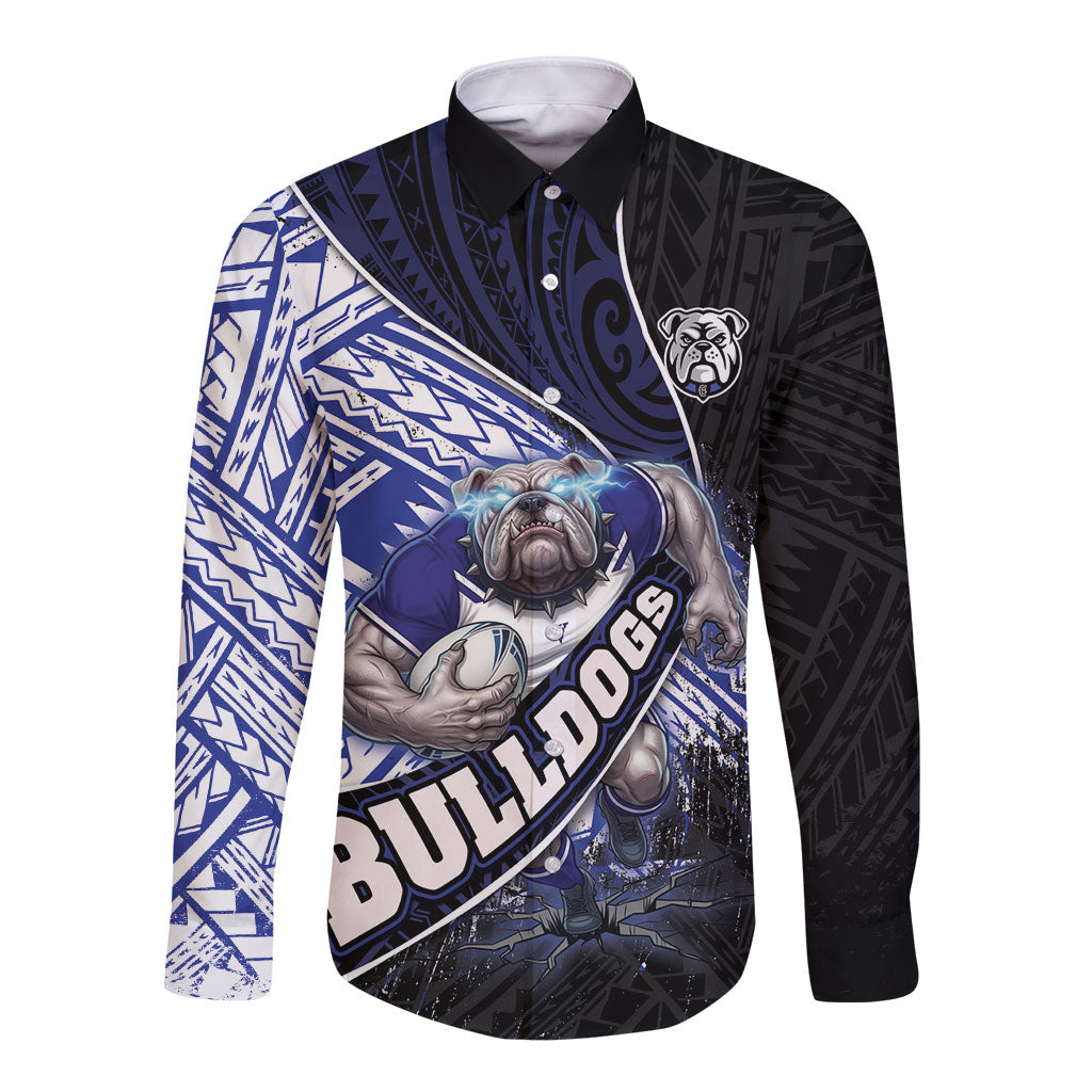 Bulldogs Rugby Long Sleeve Button Shirt Tribal Polynesian Power Art - Lightning Mascot