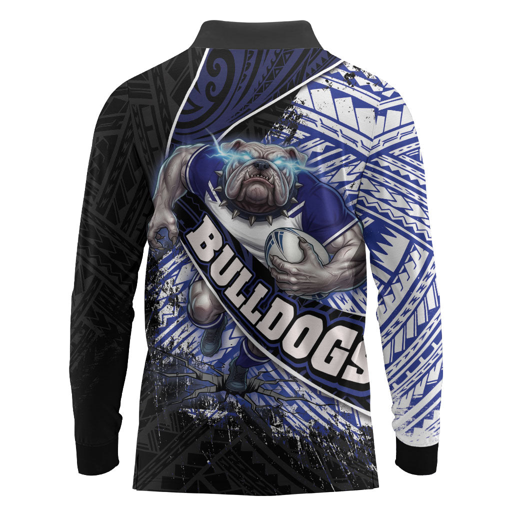 Bulldogs Rugby Long Sleeve Polo Shirt Tribal Polynesian Power Art - Lightning Mascot