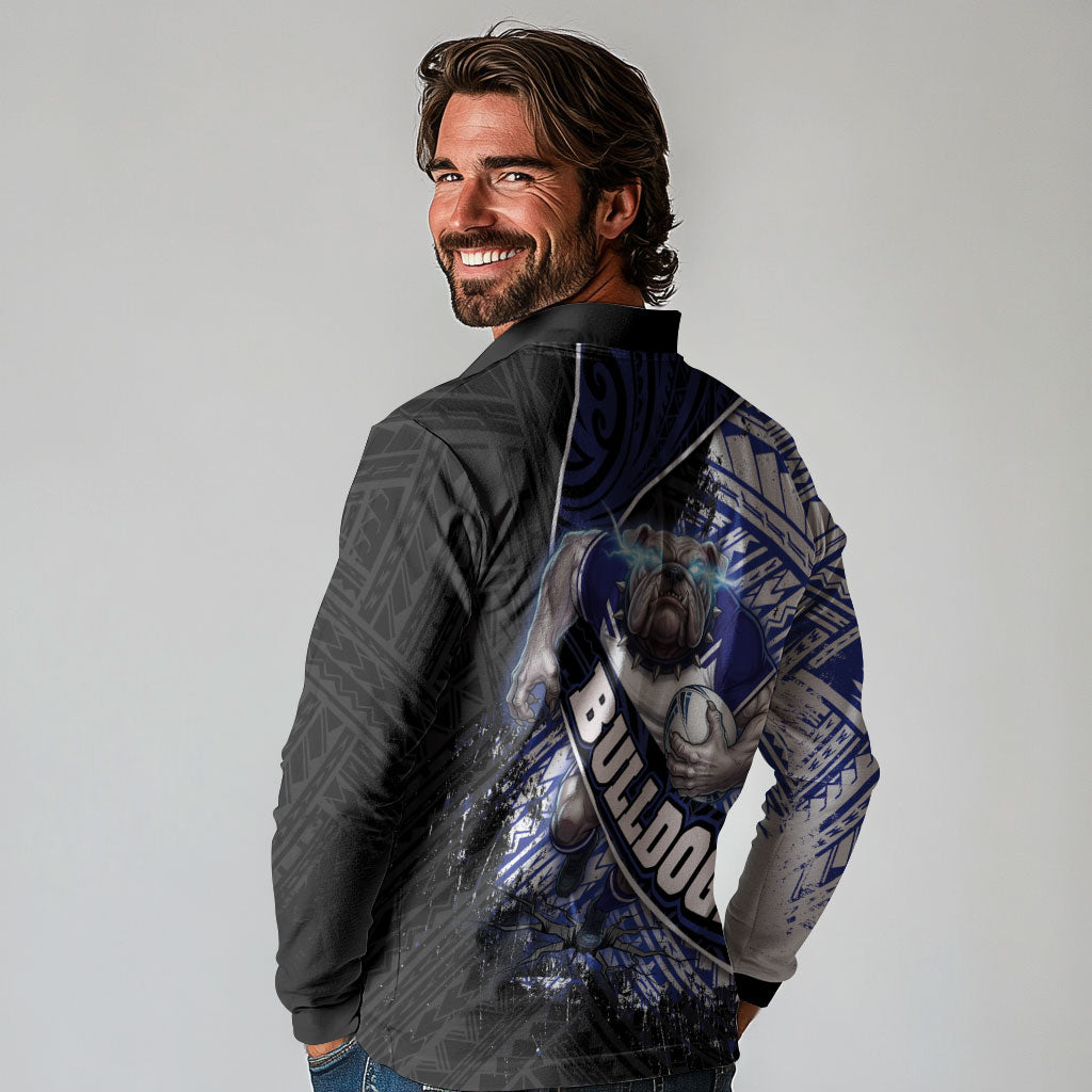 Bulldogs Rugby Long Sleeve Polo Shirt Tribal Polynesian Power Art - Lightning Mascot