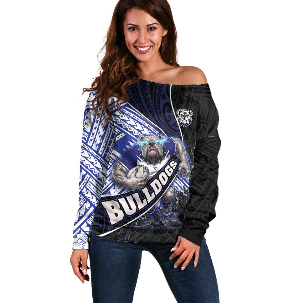 Bulldogs Rugby Off Shoulder Sweater Tribal Polynesian Power Art - Lightning Mascot