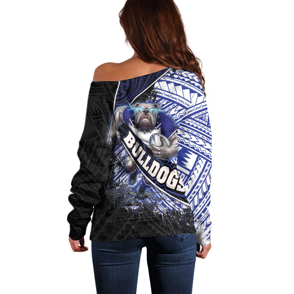 Bulldogs Rugby Off Shoulder Sweater Tribal Polynesian Power Art - Lightning Mascot