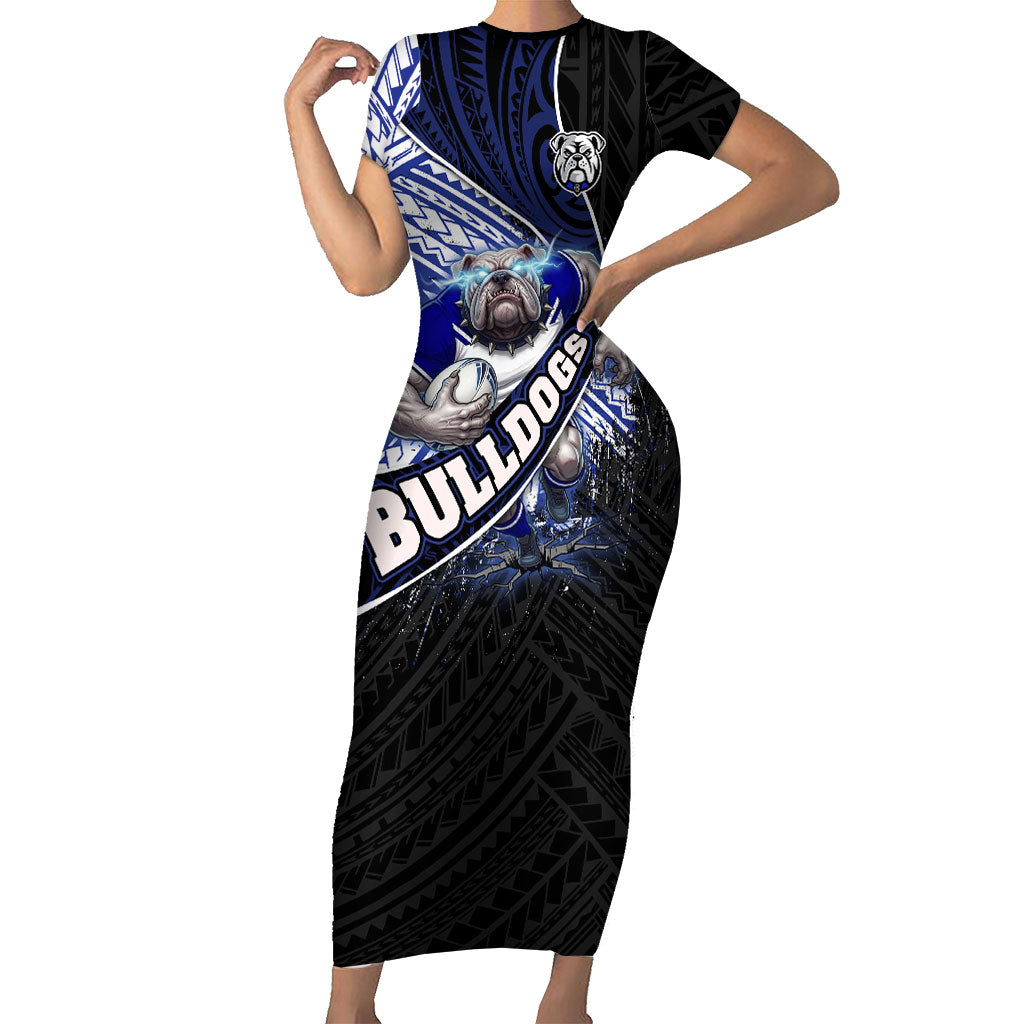 Bulldogs Rugby Short Sleeve Bodycon Dress Tribal Polynesian Power Art - Lightning Mascot