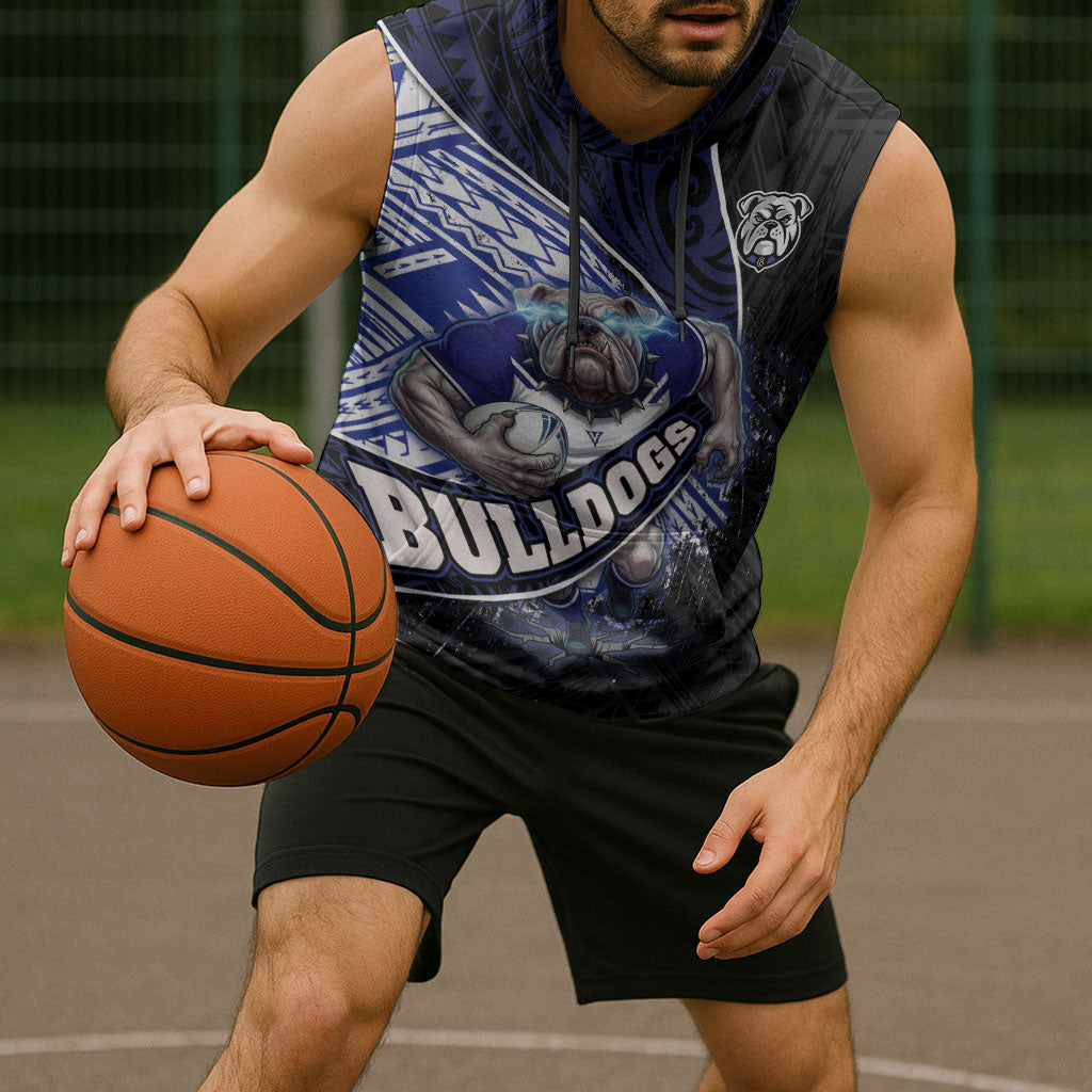 Bulldogs Rugby Sleeveless Hoodie Tribal Polynesian Power Art - Lightning Mascot
