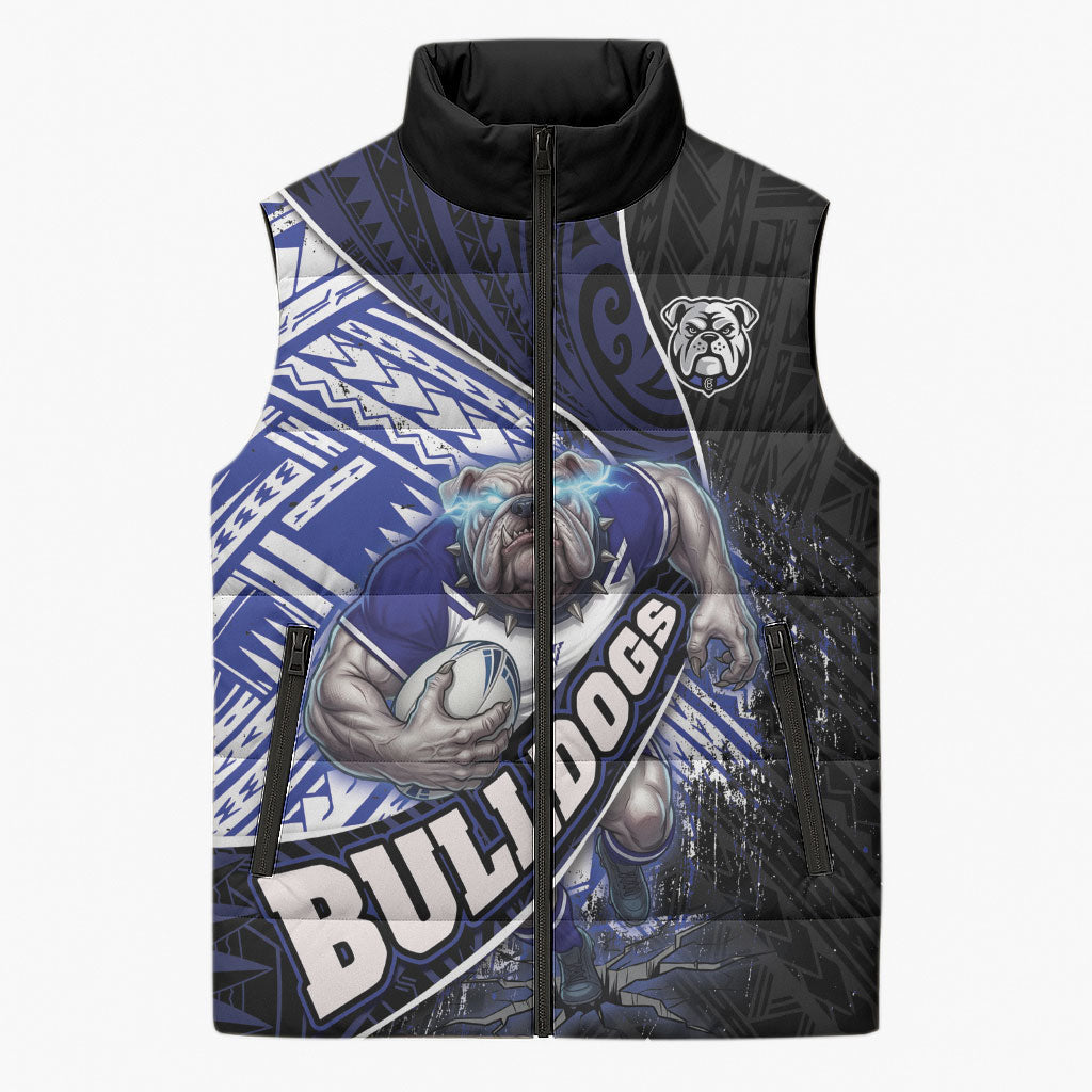 Bulldogs Rugby Sleeveless Puffer Jacket Tribal Polynesian Power Art - Lightning Mascot