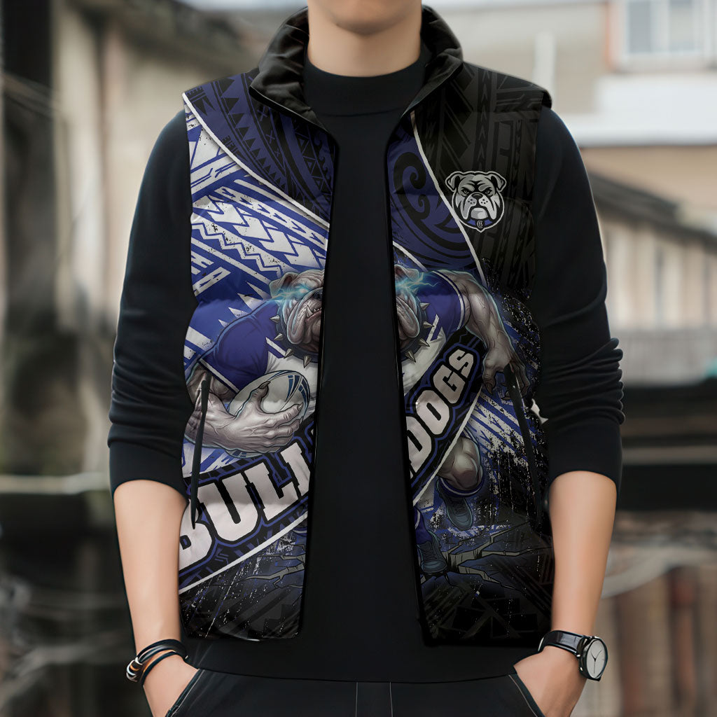 Bulldogs Rugby Sleeveless Puffer Jacket Tribal Polynesian Power Art - Lightning Mascot