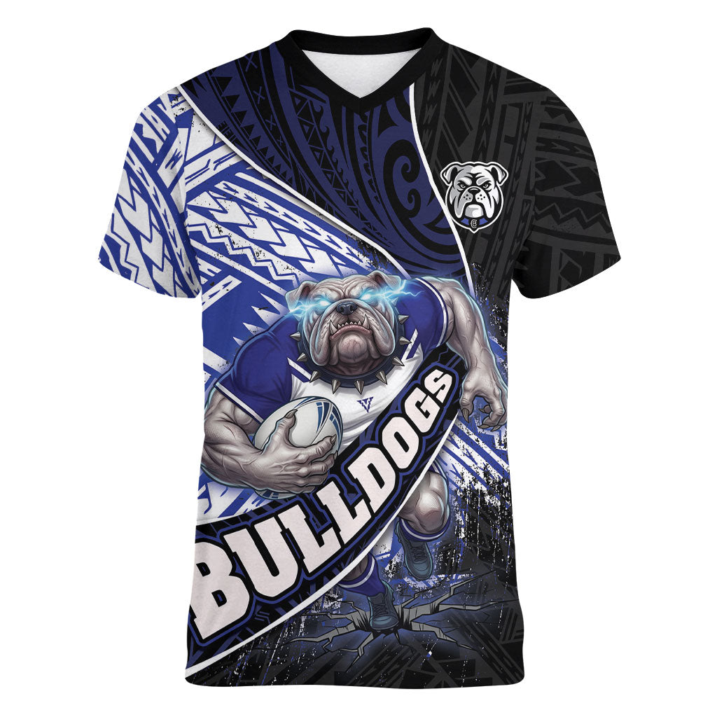 Bulldogs Rugby Women V-Neck T-Shirt Tribal Polynesian Power Art - Lightning Mascot