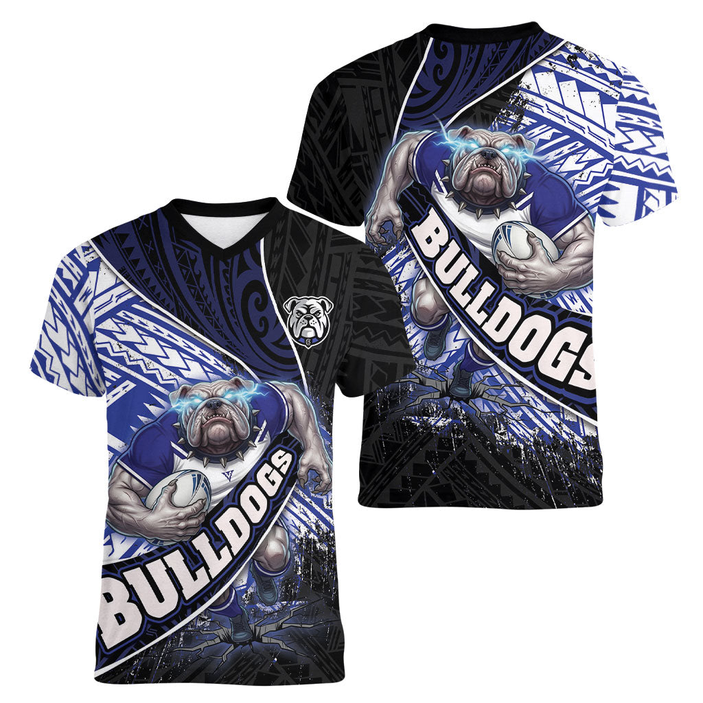 Bulldogs Rugby Women V-Neck T-Shirt Tribal Polynesian Power Art - Lightning Mascot
