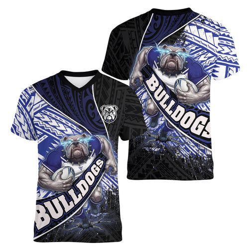 Bulldogs Rugby Women V-Neck T-Shirt Tribal Polynesian Power Art - Lightning Mascot