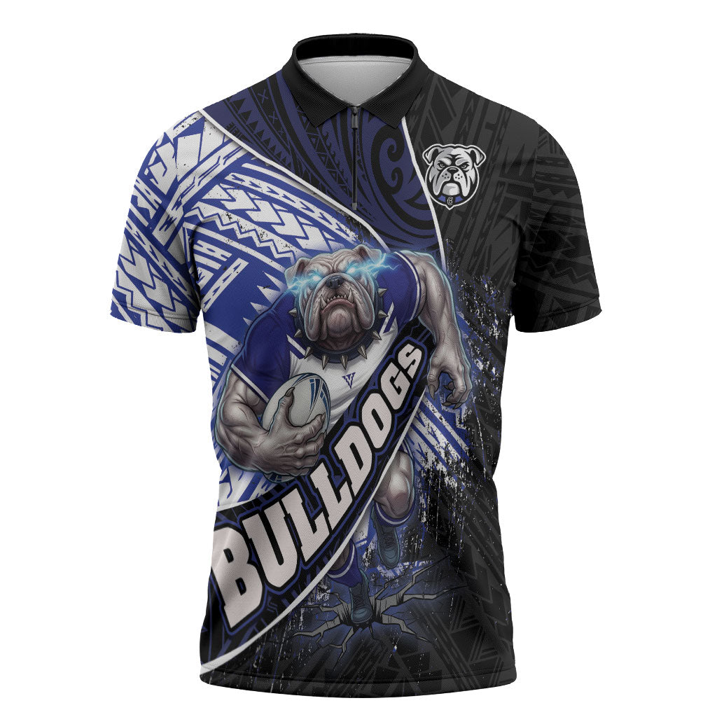 Bulldogs Rugby Zipper Polo Shirt Tribal Polynesian Power Art - Lightning Mascot