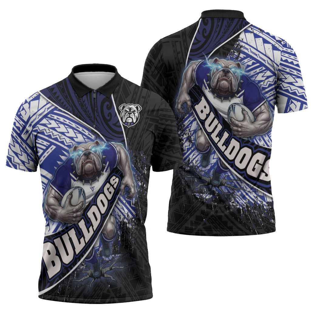 Bulldogs Rugby Zipper Polo Shirt Tribal Polynesian Power Art - Lightning Mascot