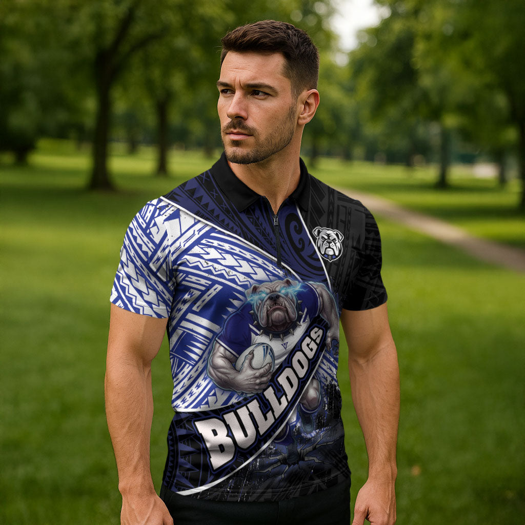 Bulldogs Rugby Zipper Polo Shirt Tribal Polynesian Power Art - Lightning Mascot
