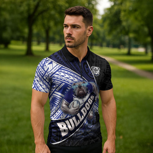 Bulldogs Rugby Zipper Polo Shirt Tribal Polynesian Power Art - Lightning Mascot