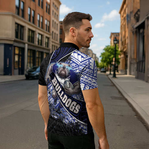Bulldogs Rugby Zipper Polo Shirt Tribal Polynesian Power Art - Lightning Mascot