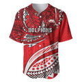 Personalised Dolphins Baseball Jersey Polynesian Tribal Art Style With Muscular Dolphin Mascot