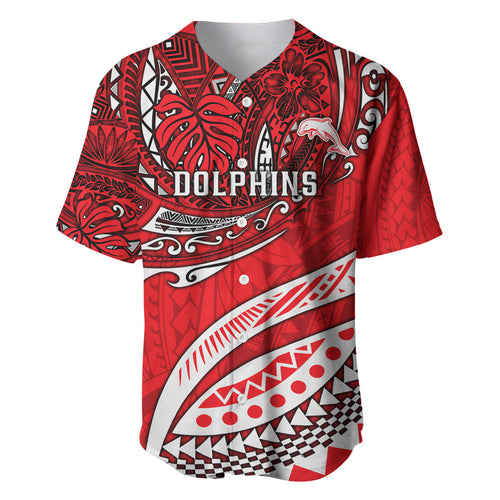 Personalised Dolphins Baseball Jersey Polynesian Tribal Art Style With Muscular Dolphin Mascot