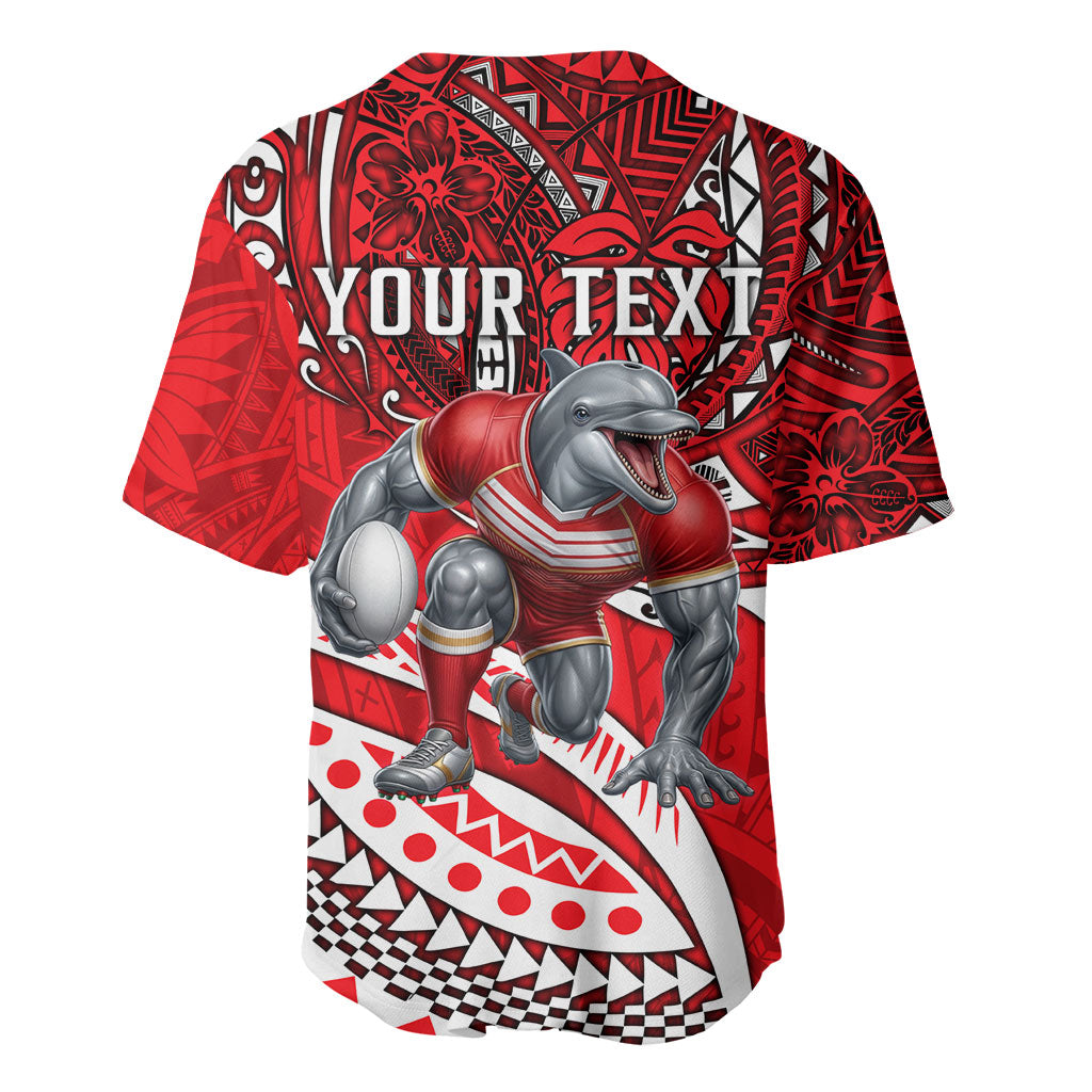 Personalised Dolphins Baseball Jersey Polynesian Tribal Art Style With Muscular Dolphin Mascot