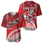 Personalised Dolphins Baseball Jersey Polynesian Tribal Art Style With Muscular Dolphin Mascot