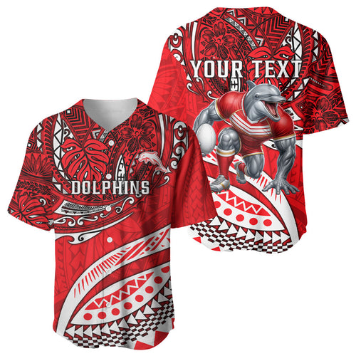 Personalised Dolphins Baseball Jersey Polynesian Tribal Art Style With Muscular Dolphin Mascot