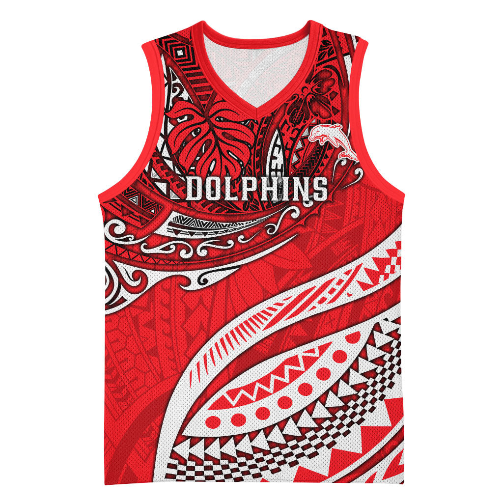 Personalised Dolphins Basketball Jersey Polynesian Tribal Art Style With Muscular Dolphin Mascot