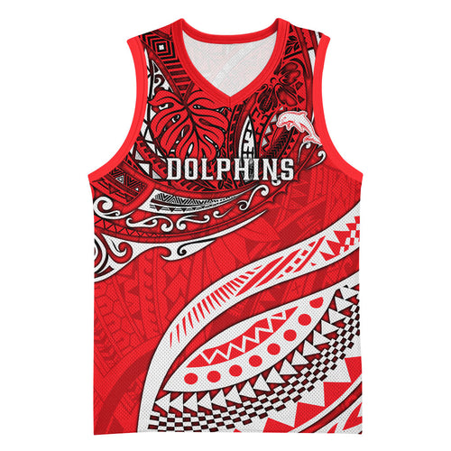 Personalised Dolphins Basketball Jersey Polynesian Tribal Art Style With Muscular Dolphin Mascot