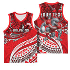 Personalised Dolphins Basketball Jersey Polynesian Tribal Art Style With Muscular Dolphin Mascot